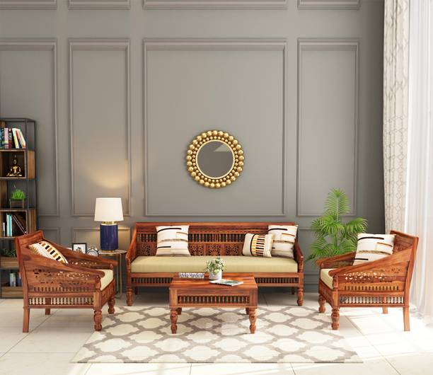 Advika Handicraft Antique Sheesham Solid Wood 3+1+1 Seater Sofa with Center Table Fabric 3 + 1 + 1 Sofa Set