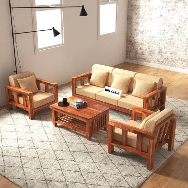 Douceur Furnitures Solid Sheesham Wood Five Seater Sofa Set For Living Room, Hotel Fabric 3 + 1 + 1 Sofa Set