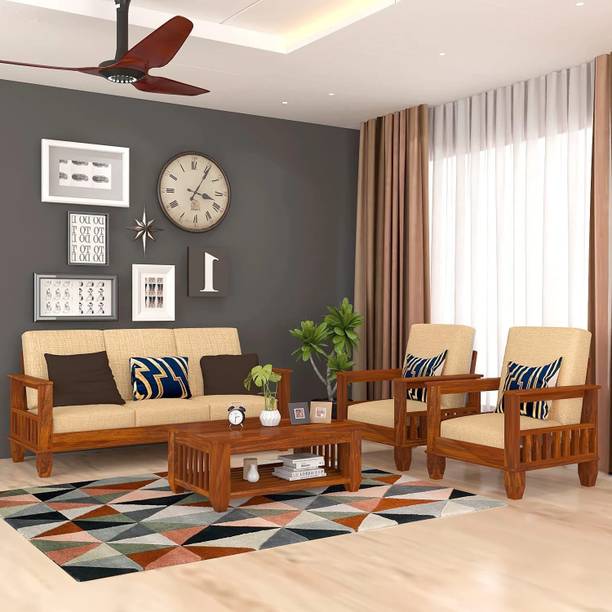 saamenia furnitures Solid Wood Sheesham Wood Five Seater Sofa Set For Living Room, Waiting Room| Fabric 3 + 1 + 1 Sofa Set