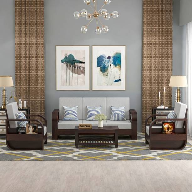 Douceur Furnitures Solid Sheesham Wood With Coffee Table For Living Room, Café Fabric 3 + 1 + 1 Sofa Set