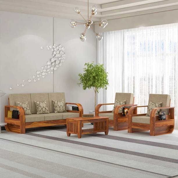 Taskwood Furniture Solid Sheesham Wood For Living Room/ Office/ Guest Room Fabric 3 + 1 + 1 Sofa Set