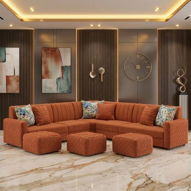 WAKESURE Premium Quality L Shape 10 Seater Velve Fabric 3 + 3 + 2 + 2 Sofa Set