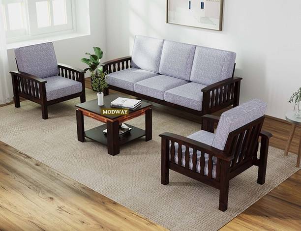 mp enterprises Sheesham Wood Sofa Set for Living Room Fabric 3 + 1 + 1 Sofa Set