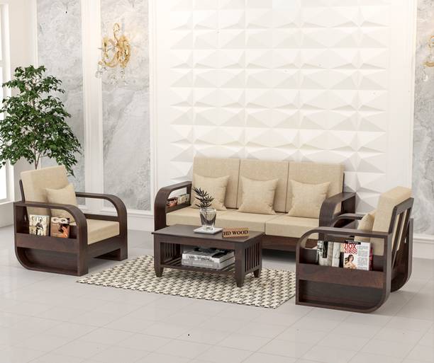 HDWOOD COMFY Solid Sheesham Wood Five Seater Sofa Set With Round Arms & Pocket Storage| Fabric 3 + 1 + 1 Sofa Set