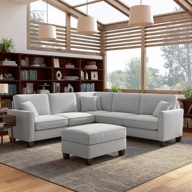 Adorn Homez Riley 5 Seater Sofa Sectional with Ottoman in Velvet Fabric Light Grey Color Fabric 3 + 2 Sofa Set