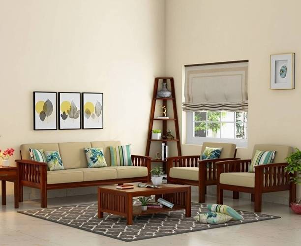 CLANECRAFT Solid Sheesham Wood Five Seater Sofa Set For Living Room/ Office | Fabric 3 + 1 + 1 Sofa Set