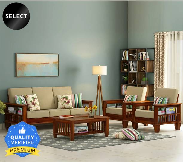 Taskwood Furniture Solid Sheesham Wood For Living Room/ Office/ Guest Room | Fabric 3 + 1 + 1 Sofa Set