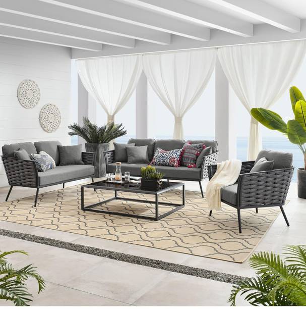 BRISHI Rattan 6 Seater Outdoor/Balcony Sofa Set/Sofa Set with Cushion and Center Table Fabric 3 + 2 + 1 Sofa Set