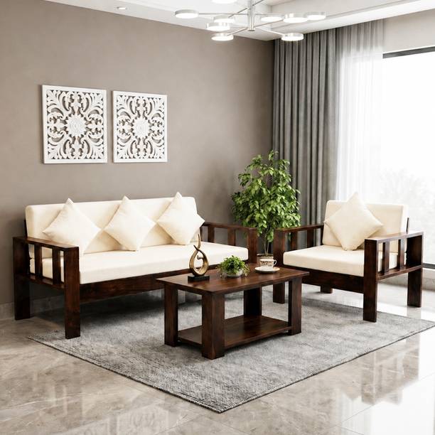 SONA ART & CRAFTS Natraj Solid Sheesham Wood Sofa | Four Seater Sofa with Cushion Seat Fabric 3 + 1 Sofa Set