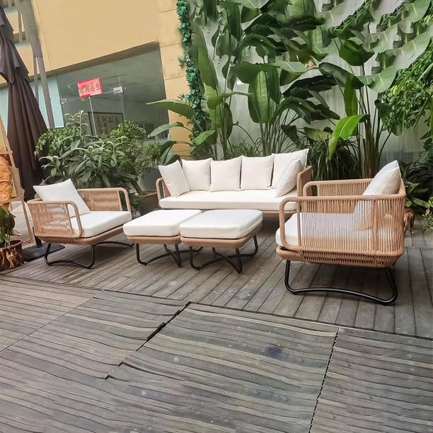 BRISHI Braid & Rope 5 Seater Outdoor/Balcony Sofa Set with Cushion and Center Table Fabric 3 + 1 + 1 Sofa Set