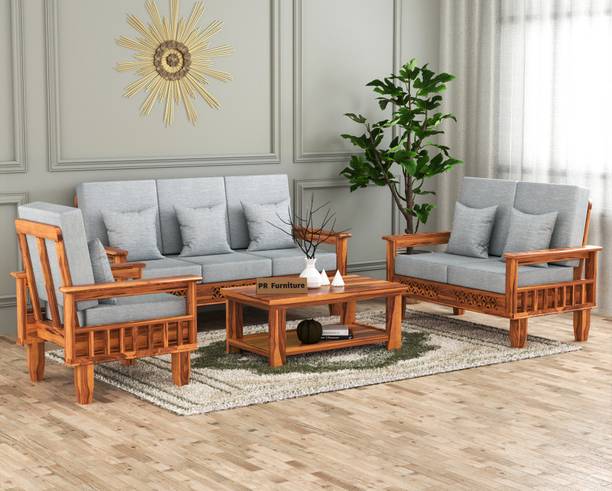 PR FURNITURE Solid Wood Six Seater Sofa Set With CNC Flower Style For Living Room, Café. Fabric 3 + 2 + 1 Sofa Set