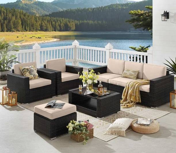 BRISHI Rattan 6 Seater Outdoor/Balcony Sofa Set/Sofa Set with Cushion and Center Table Fabric 3 + 2 + 1 Sofa Set
