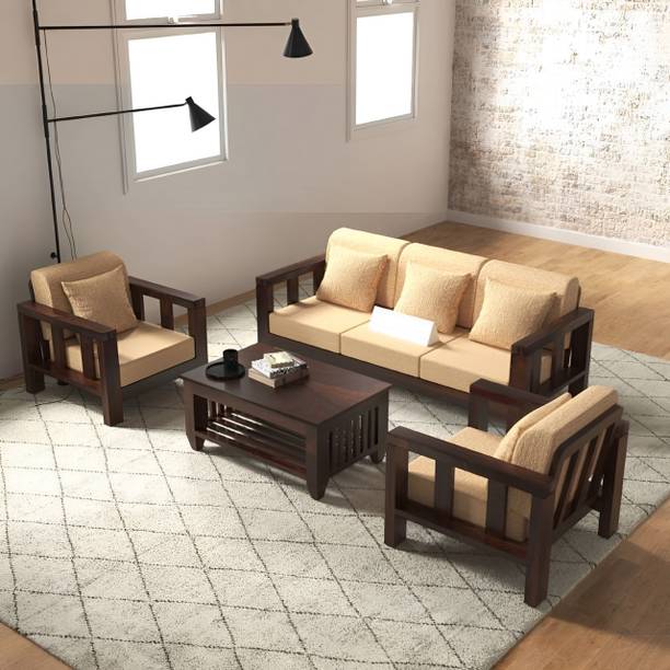 DECORWOOD Solid Sheesham Wood Five Seater Sofa Set For Living Room, Hotel Office. Fabric 3 + 1 + 1 Sofa Set