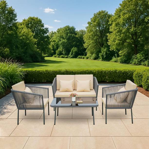 BRISHI Braid & Rope 4 Seater Outdoor/Balcony Sofa Set with Cushion and Center Table Fabric 2 + 1 + 1 Sofa Set