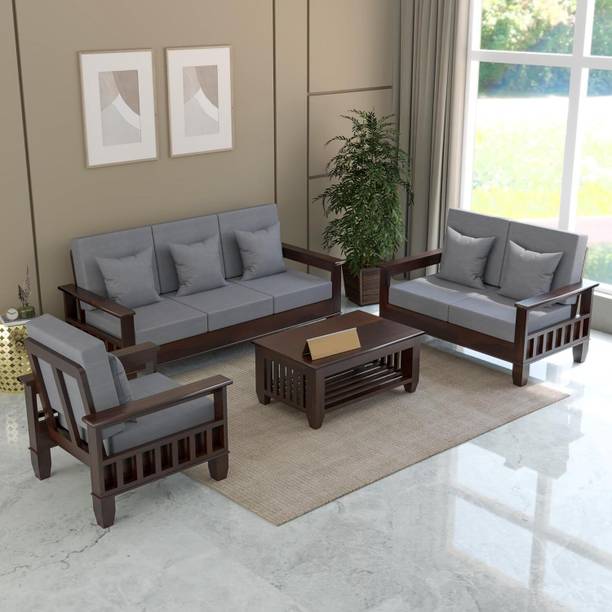 Kendalwood Furniture Solid Wood 6 Seater Wooden Sofa set for living Room Furniture with Center Table Fabric 3 + 2 + 1 Sofa Set