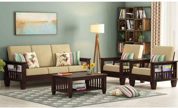 Worldwood Solid Sheesham Wood Sofa Set 5 Seater | Wooden Sofa Set for Living Room Fabric 3 + 1 + 1 Sofa Set