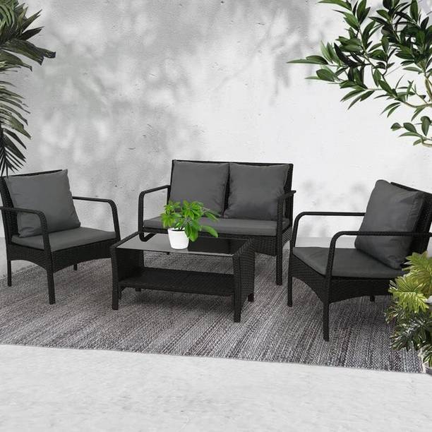 BRISHI Rattan 4 Seater Outdoor/Balcony Sofa Set/Sofa Set with Cushion and Center Table Fabric 2 + 1 + 1 Sofa Set