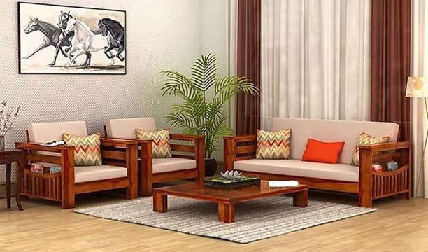 SIYA ART Sheesham Wood 5 Seater Cushioned Sofa Set with Side Book Storage Fabric 3 + 1 + 1 Sofa Set