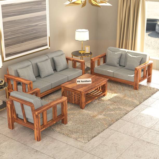PR FURNITURE Solid Sheesham Wood Six Seater Sofa Set For Living Room / Hotel / Cafe. Fabric 3 + 2 + 1 Sofa Set