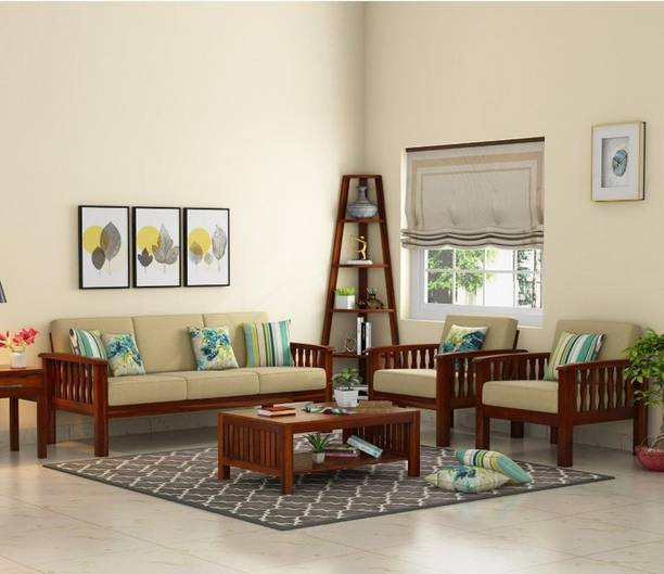 VARSHA FURNITURE Solid Sheesham Wood Premium Quality 5 Seater Sofa Set For Living Room Furniture Fabric 3 + 1 + 1 Sofa Set
