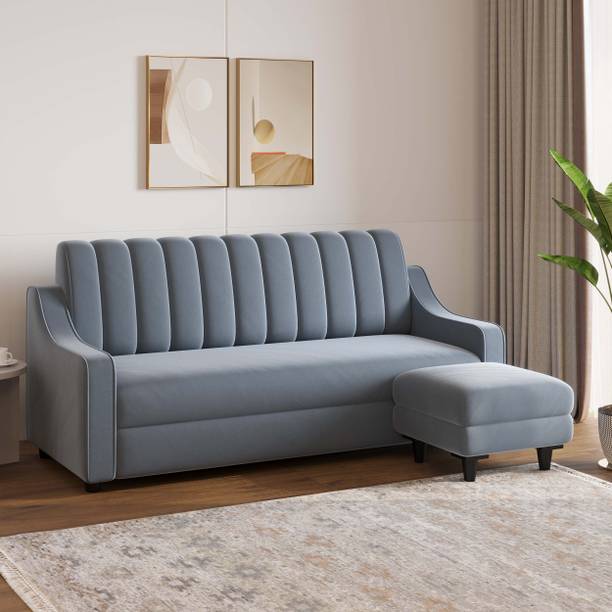 SunGrain Sleek Tufted Velvet 3 Seater Sofa with 1 Ottoman | Premium Comfort | Fabric 3 + 1 Sofa Set