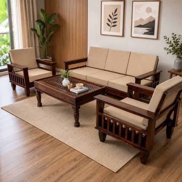 Kendalwood Furniture Kendalwood 5 Seater Solid Sheesham Wood Sofa Set with Cushions Fabric 3 + 1 + 1 Sofa Set