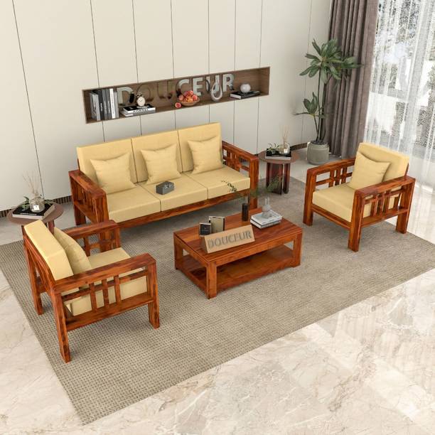 Douceur Furnitures Solid Sheesham Wood Premium Five Seater Sofa Set For Living Room. Fabric 3 + 1 + 1 Sofa Set