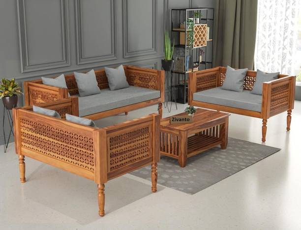 Utkarsh Sheesham Wood Seven Seater Sofa Set With CNC Cutting Design For Living Room || Fabric 3 + 2 + 2 Sofa Set