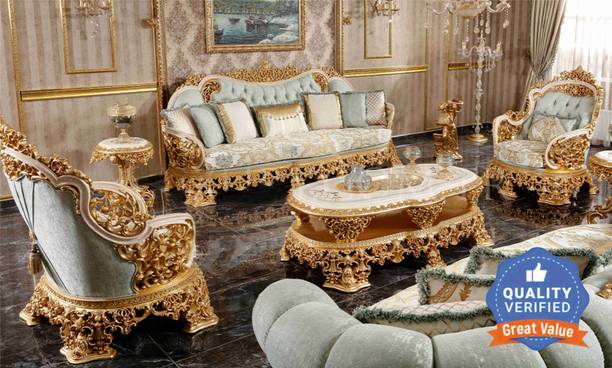 royal wood Spartan Luxury Teakwood 5 Seater 3+1+1 Sofa Set For Living Room Premium Silk Fabric 3 + 1 + 1 Sofa Set