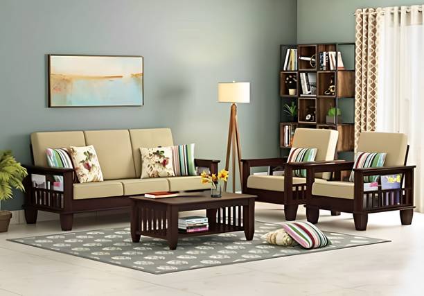 Dholamaru Solid Sheesham Wood Five Seater Pocket Sofa Set For Living Room/ Office || Fabric 3 + 1 + 1 Sofa Set