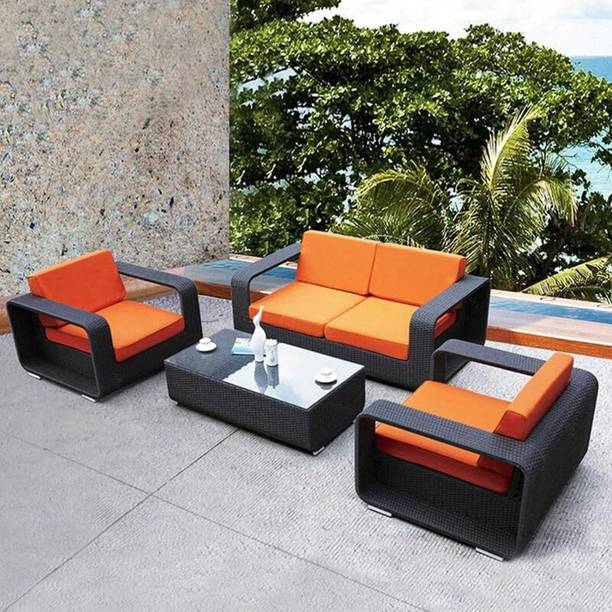 BRISHI Rattan 4 Seater Outdoor/Balcony Sofa Set/Sofa Set with Cushion and Center Table Fabric 2 + 1 + 1 Sofa Set