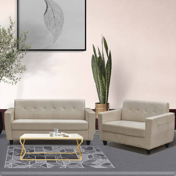 ARRA Remo Velvet Fabric Tufted Back 5 Seater Sofa Beige Color Fabric 3 + 2 Sofa Set