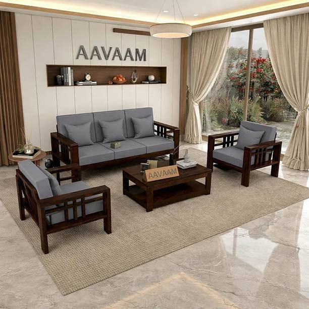 AAVAAM Solid Sheesham Wood Premium Five Seater Sofa Set For Living Room. Fabric 3 + 1 + 1 Sofa Set