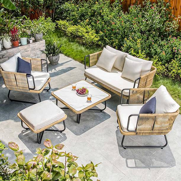 BRISHI Braid & Rope 5 Seater Outdoor/Balcony Sofa Set with Cushion and Center Table Fabric 3 + 1 + 1 Sofa Set