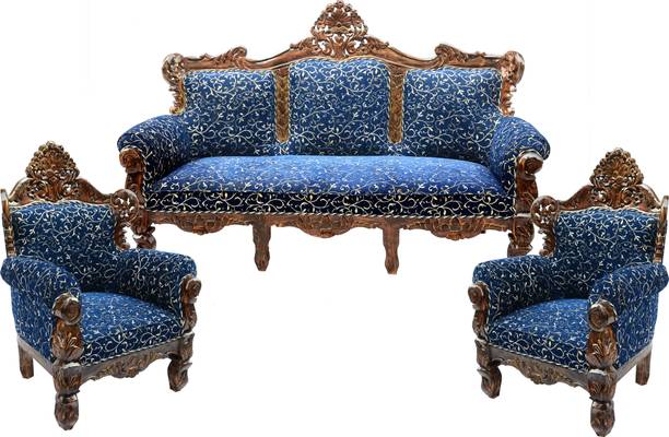 ARVISH ENTERPRISES Wooden Sheesham Wood Sofa Set with Cushion for Living Room, Natural Brown Finish Fabric 3 + 1 + 1 Sofa Set