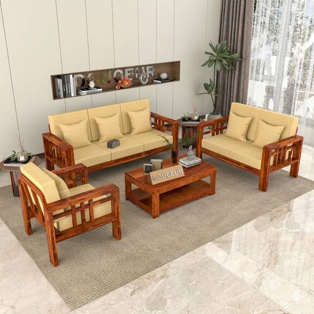 Douceur Furnitures Solid Sheesham Wood Premium Six Seater Sofa Set For Living Room. Fabric 3 + 2 + 1 Sofa Set