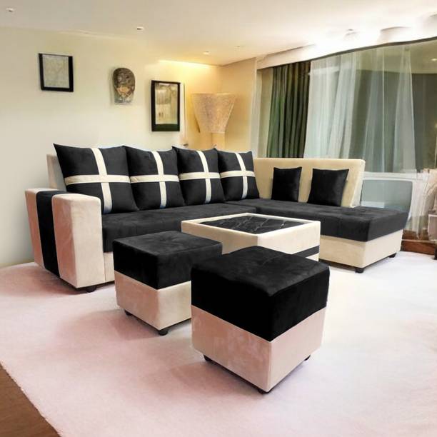 Starlet Farnitre Velvet L-Shape 8 Seaters Sofa Set for Living Room Fabric 3 + 2 + 2 + 1 Sofa Set