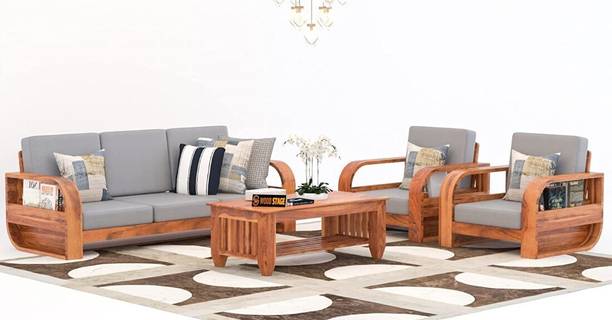 WOODSTAGE Solid Sheesham Wood 5 Seater Sofa Set for Home/Room/Hotel/Hall Furniture Fabric 3 + 1 + 1 Sofa Set