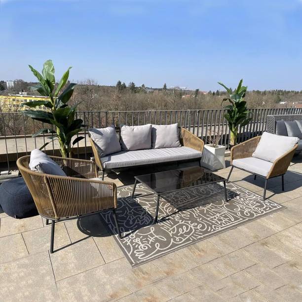 BRISHI Braid & Rope 5 Seater Outdoor/Balcony Sofa Set with Cushion and Center Table Fabric 3 + 1 + 1 Sofa Set