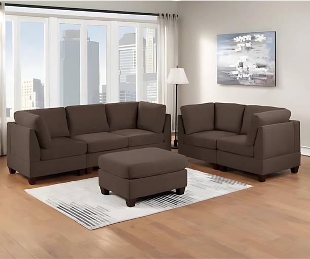 Groovecraft Creta Wooden 6 Seater Fabric Sofa Set for Living Room Furniture with Ottoman Fabric 3 + 2 Sofa Set