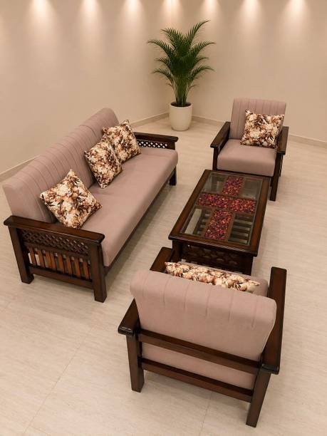 Bharat Furniture Solid Sangwan Teak Wood 5 Seater Sofa Set with Glass Top Center Table Fabric 3 + 1 + 1 Sofa Set