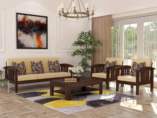 WOODSTAGE Sheesham Wood 5 Seater Sofa Set without Coffee Table Fabric 3 + 1 + 1 Sofa Set