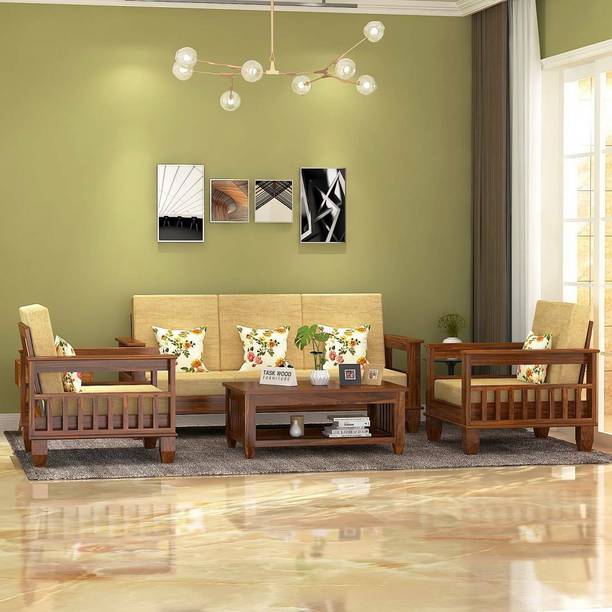 Taskwood Furniture Solid Sheesham WoodWith Center Table For Living Room Fabric 3 + 1 + 1 Sofa Set
