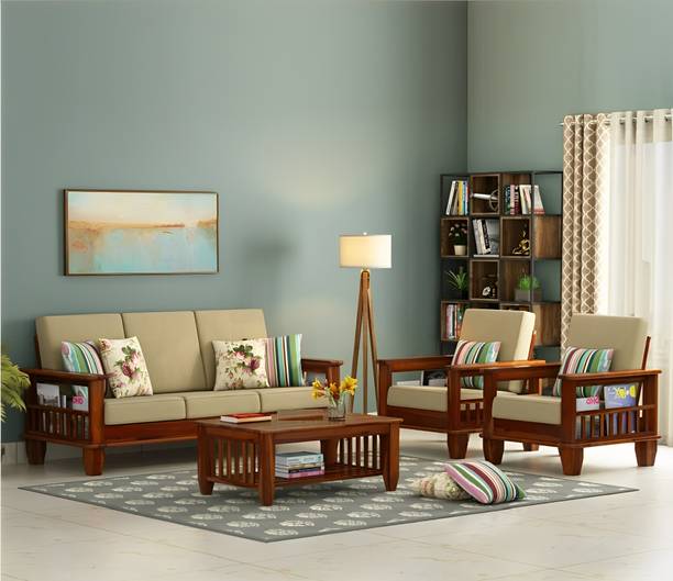 TAKELWOOD KUBER Sheesham Wood Five Seater Sofa Set With Pocket Storage For Living Room || Fabric 3 + 1 + 1 Sofa Set