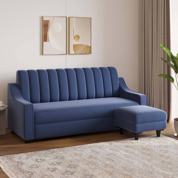 SunGrain Sleek Tufted Velvet 3 Seater Sofa with 1 Ottoman | Premium Comfort | Fabric 3 + 1 Sofa Set