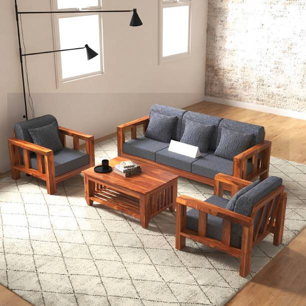DECORWOOD Solid Sheesham Wood Five Seater Sofa Set For Living Room, Hotel Office. Fabric 3 + 1 + 1 Sofa Set