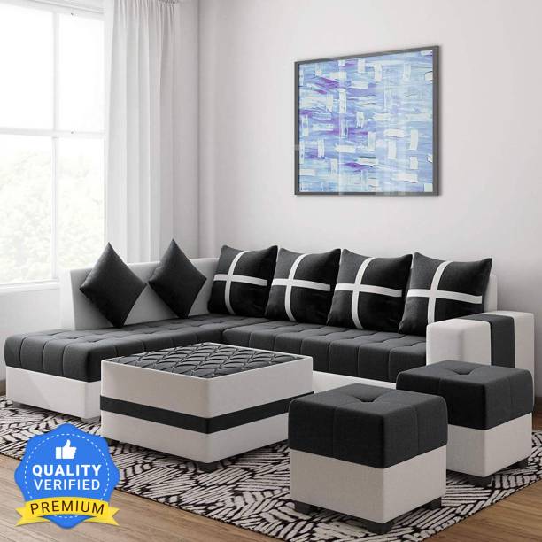 Torque Jamestown L Shape 8 Seater Fabric Sofa Set With Center Table and 2 Puffy (Left Side, Black) Fabric 3 + 2 + 1 + 1 Sofa Set