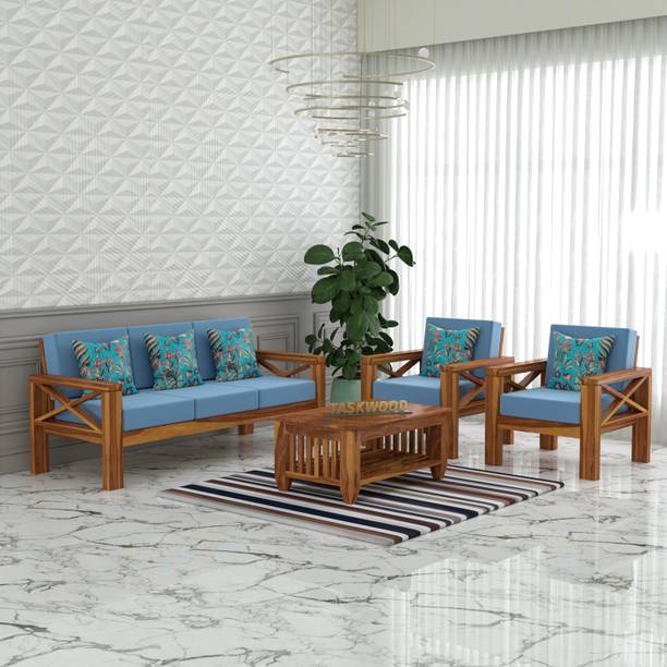 Taskwood Furniture Solid Sheesham Wood Five Seater Sofa Set With Coffee Table For Living Room Fabric 3 + 1 + 1 Sofa Set