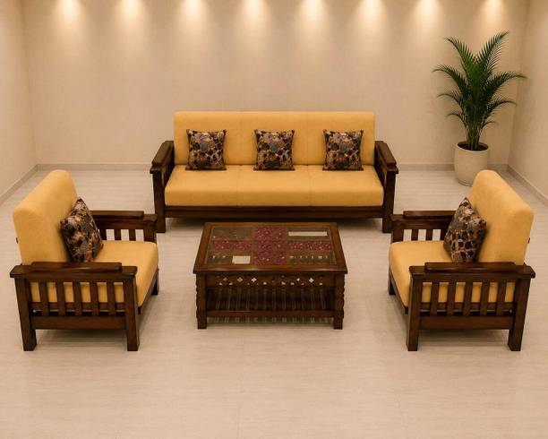 Bharat Furniture Solid Sangwan Teak Wood 5 Seater Sofa Set with Glass Top Center Table Fabric 3 + 1 + 1 Sofa Set