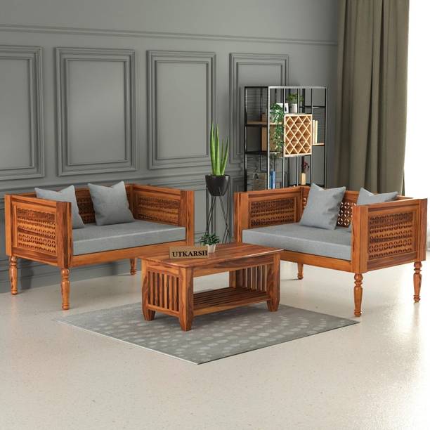 Utkarsh Solid Sheesham Wood Four Seater Sofa Set With CNC Cutting Design For Living Room Fabric 2 + 2 Sofa Set